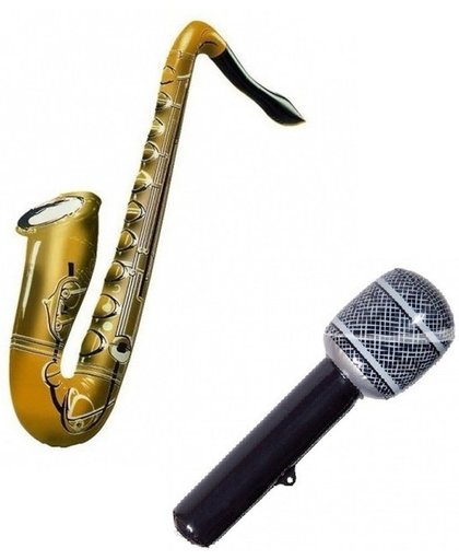 Set 2x opblaasbare muziek instrumenten saxofoon en microfoon
