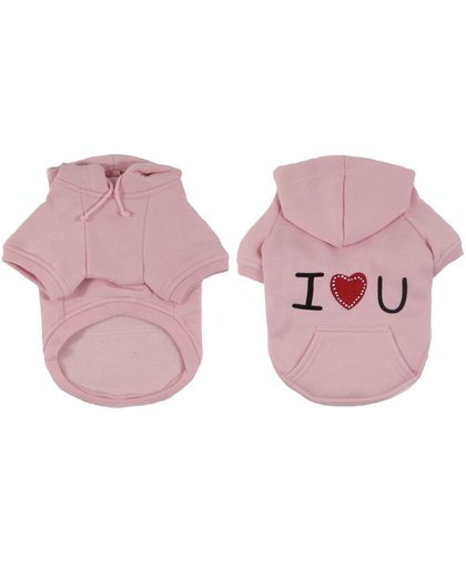 Hoodie sweater licht roze met tekst I LOVE U - M (lengte rug 27 cm, omvang borst 36 cm, omvang nek 28 cm)
