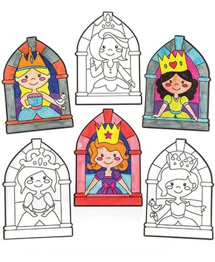 Inkleurbare raamdecoraties met prinses voor kinderen om te maken en versieren - Creatieve hobby- en knutselset voor kinderen (12 stuks per verpakking)