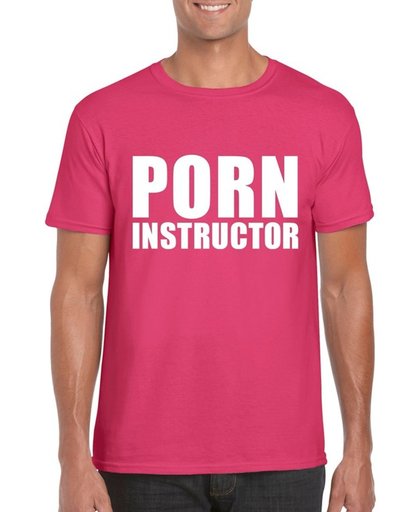 Porn instructor tekst t-shirt roze heren L