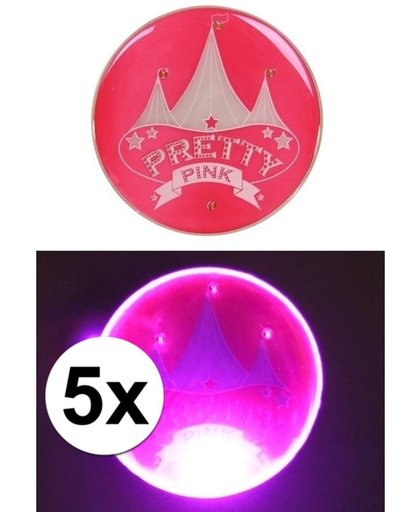 5x Toppers Pretty Pink buttons verkleedaccessoire met licht - broche