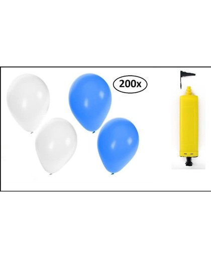 200x Ballonnen blauw/wit met handpomp