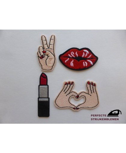 Strijk embleem ‘Lippenstift, handen en kus mond patch set (4)’ – stof & strijk applicatie