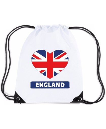 Engeland nylon rijgkoord rugzak/ sporttas wit met Engelandse vlag in hart