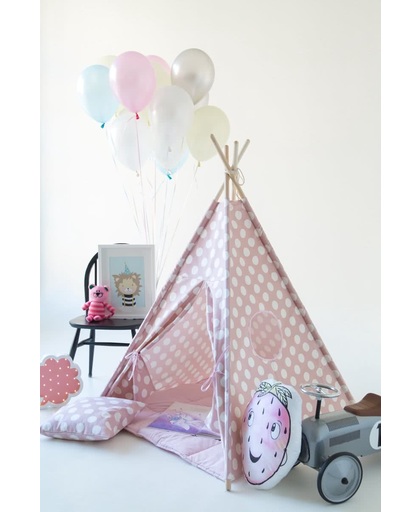 Tipi Tent - Speeltent - Tent -Wigwam - Roze Tent met Witte Rondjes - Inclusief Roze Speelmat & Kussensloop