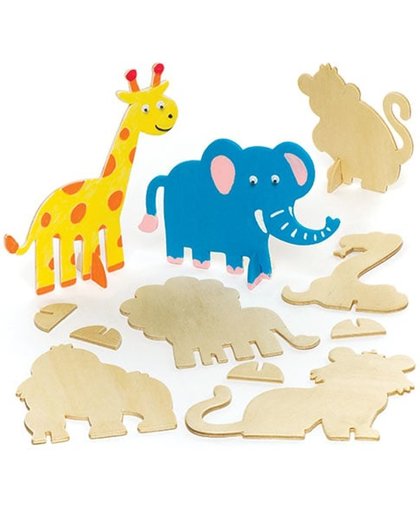 Houten opstaande jungledieren voor kinderen om te maken, versieren en neer te zetten - Houten knutselset (10 stuks per verpakking)