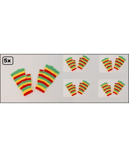 5x Paar Vingerloze handschoen rood/geel/groen smalle streep