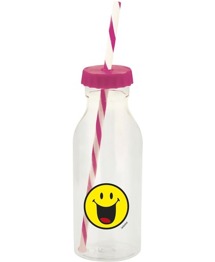 Zak!Designs Smiley Waterfles - Soda - Incl Rietje - 55 cl Emoticon Happy - Fuchsia