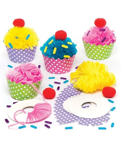 Sets met cupcakes met pompons   Een creatief knutsel- en decoratieproduct voor kinderen (3 stuks per verpakking)