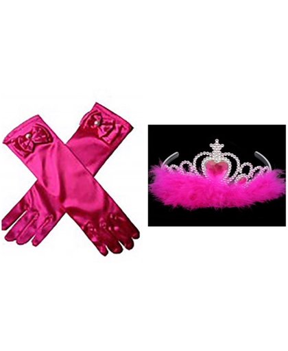 Prinsessen accessoire set - fuchsia lange handschoenen,  kroon met veren - verkleedjurk