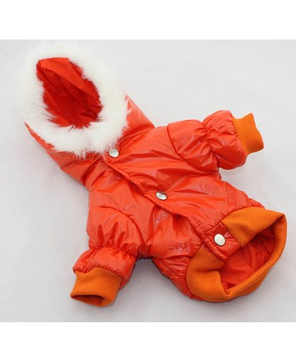 Winterjas glimmend voor de hond in de kleur oranje met bont randje - XL (lengte rug 37 cm, omvang borst 48 cm, omvang nek 34 cm)