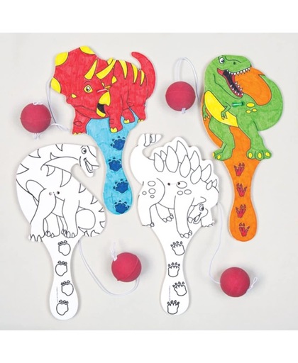 Inkleurbare bats met dinosaurussen die kinderen kunnen ontwerpen en verven – creatieve knutselset voor kinderen (verpakking van 4)