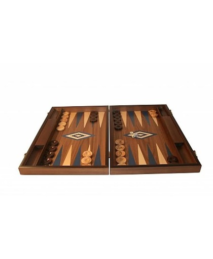 Walnoothout Backgammon - Blauwe  inleg, 48 x 60 x 4 x 8 cm