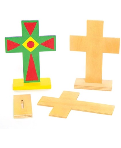 Houten rechtop staande kruizen die kinderen kunnen ontwerpen, beschilderen en versieren voor Pasen. Creatieve houten knutselset voor kinderen/volwassenen (verpakking van 4)