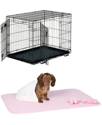 Hondenbench 78x48x56cm incl puppykleed en speeltjes (baby roze)