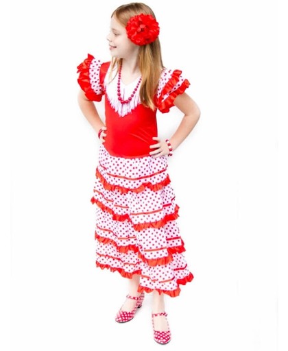 Spaanse jurk - Flamenco - Rood/Wit - Maat 140/146 (12) - Verkleed jurk