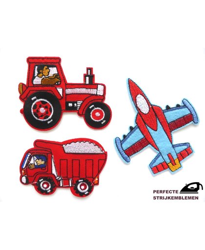 Strijk embleem ‘Stoere kinderdromen patch set met vrachtwagen, tractor en vliegtuig (3)’ – stof & strijk applicatie