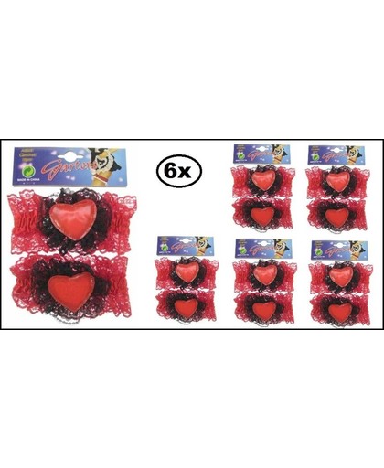 6x Luxe kousenband met rood hart per paar