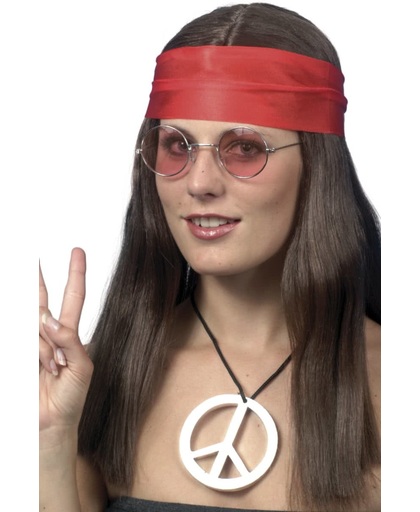 Hippie pruik + haarband + peace ketting + bril