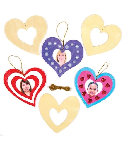 Houten fotolijstjes in hartvorm die kinderen voor Valentijnsdag kunnen maken. Moederdagknutselset voor kinderen (verpakking van 8)