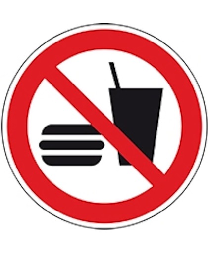 Verbodssticker ‘Eten en drinken verboden’, ISO 7010, Ø 200 mm
