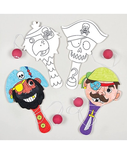 Maak ontwerp je eigen houten bats met piraten om in te kleuren - feestartikelen voor kinderen (4 stuks)