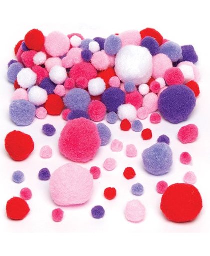 Rode, roze en paarse pompons die kinderen kunnen gebruiken om knutselwerk mee te maken, versieren en presenteren   Creatieve knutselspullen (200 stuks per verpakking)