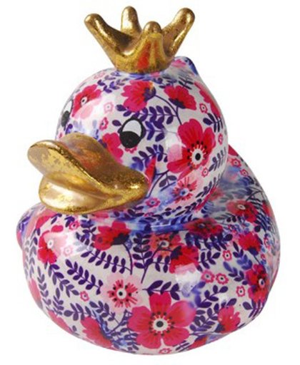 Pomme-pidou spaarpot eend "Ducky" M licht paars met bloemetjes en blaadjes