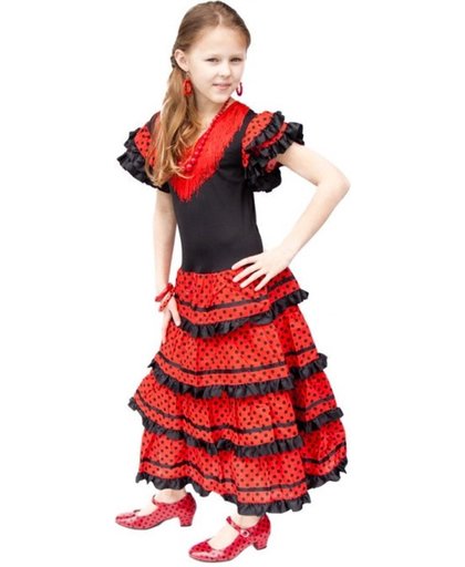 Spaanse jurk - Flamenco - Zwart/Rood - Maat 164/176 (16) - Verkleed jurk