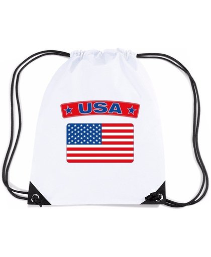 Amerika nylon rijgkoord rugzak/ sporttas wit met Amerikaanse vlag