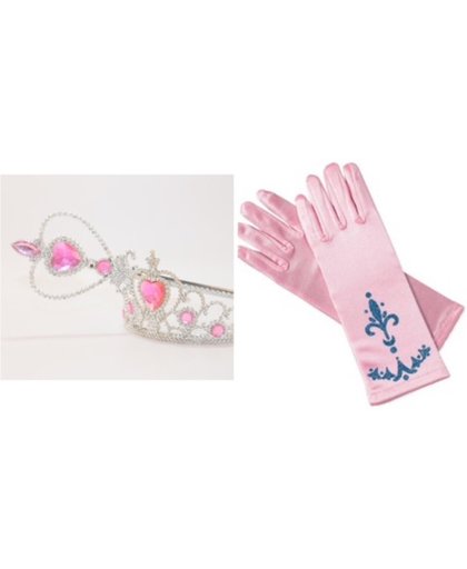 Prinsessen roze accessoire set - staf + kroon + 1 paar handschoenen- Prinses Elsa - verkleedkleding - jurk