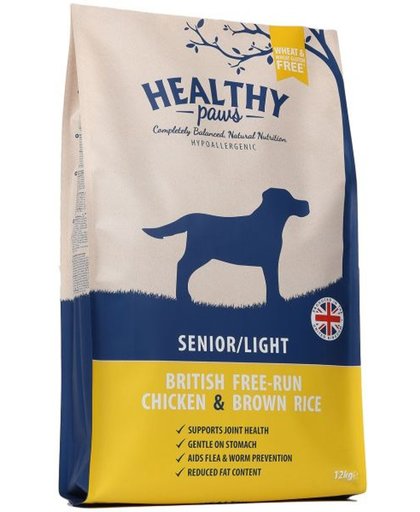 Healthy paws senior / light vrije uitloop kip / zilvervliesrijst hondenvoer 12 kg