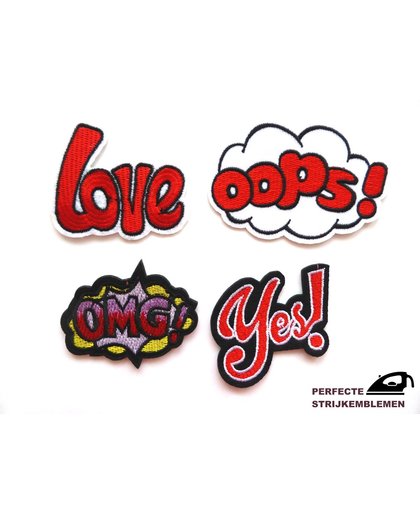 Strijk embleem ‘Woorden oops/love/OMG/yes patch set (4)’ – stof & strijk applicatie