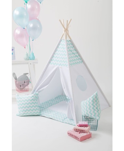 Tipi Tent - Speeltent - Tent -Wigwam - Mint / Wit Zigzag patroon - Inclusief Speelmat & Kussensloop