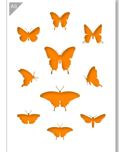 Vlinders Sjabloon - Kunststof Stencil - A3 42 x 29,7 cm - Middelste top vlinders 5cm hoog