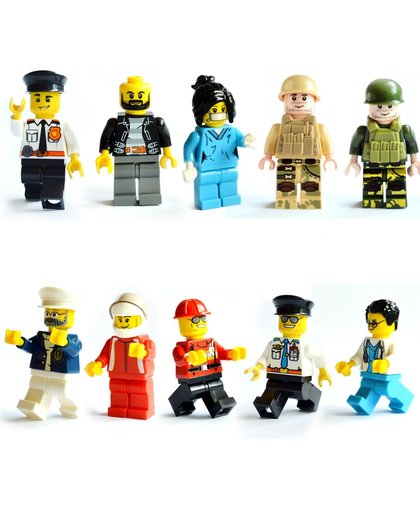XXL set met 10 figuren / poppetjes geschikt voor Lego - Brandweer, Politie, Trein, Dokter, Leger, Formule 1 coureur, Kapitein, Boef