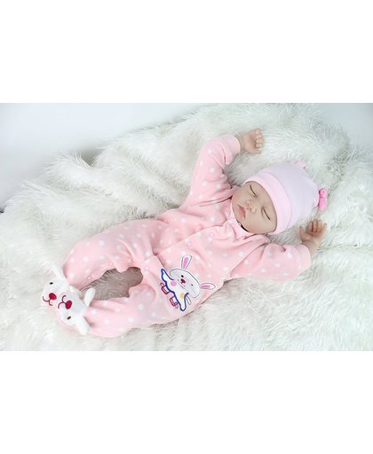 Reborn baby pop (hand gemaakt) in een schattig roze konijnen pakje en met een haarband – Levensecht sleeping baby 55cm