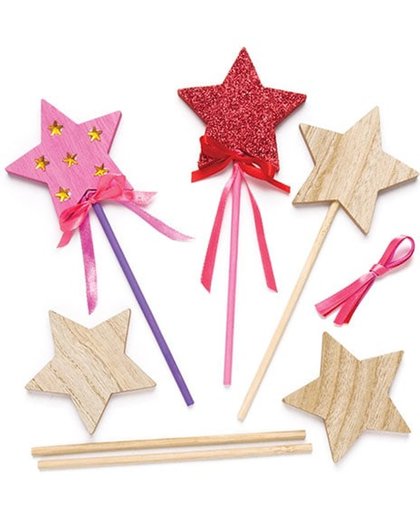 Houten toverstokjes met ster voor kinderen om naar eigen smaak te versieren (6 stuks per verpakking)