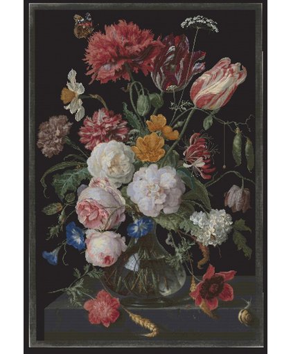 Thea Gouverneur Borduurpakket 785.05 Rijksmuseum Stilleven met bloemen in een glazen vaas, Jan Davidsz. de Heem, 1650 - 1683 - Aida stof zwart 100% katoen