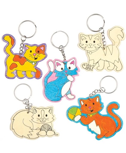 Houten sleutelhangers in de vorm van katten die kinderen naar eigen smaak kunnen inkleuren en versieren – creatieve knutselset voor kinderen (6 stuks per verpakking)
