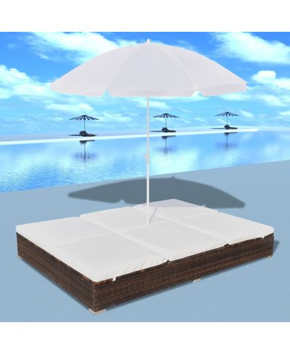 vidaXL Sunlounger 2 Persons with Umbrella Brown Poly Rattan