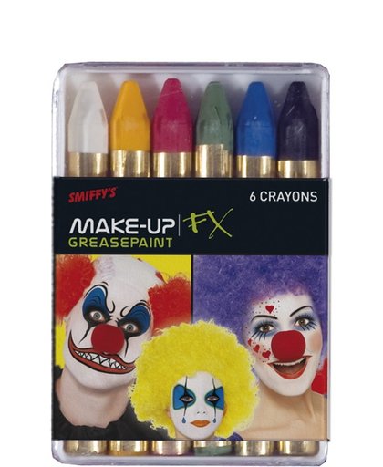 Waxkrijtjes in 6 kleuren voor het aanbrengen van clowns make-up - Schmink krijtjes in wit, zwart, geel, rood, groen en blauw