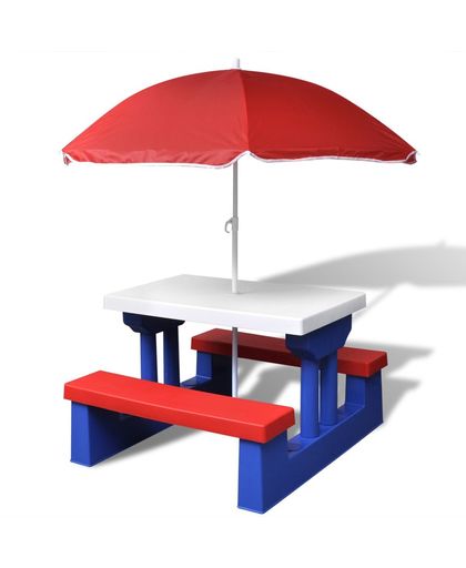 Kinderpicknicktafel met banken en parasol meerkleurig