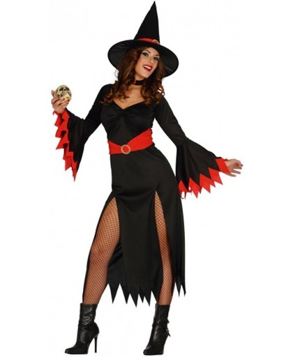 Zwarte lange heksen jurk met rode details 38-40 (S/M)