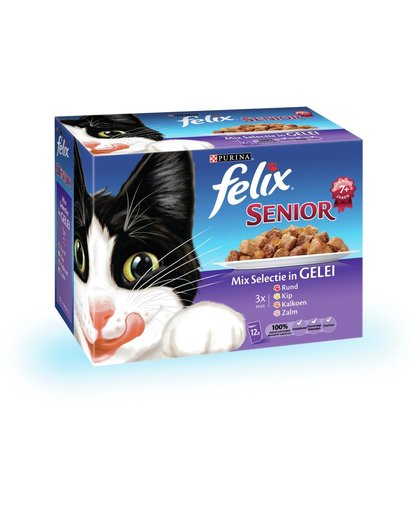 FELIX Pouch Senior - Mix Selectie in Gelei - Kattenvoer - 12 x 100 gr