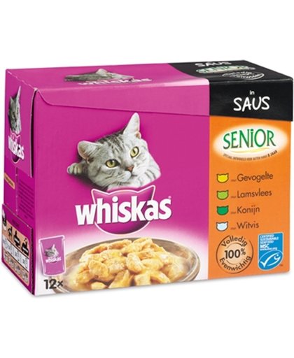Whis multipack pouch senior vis / vlees selectie in saus kattenvoer 12x100 gr