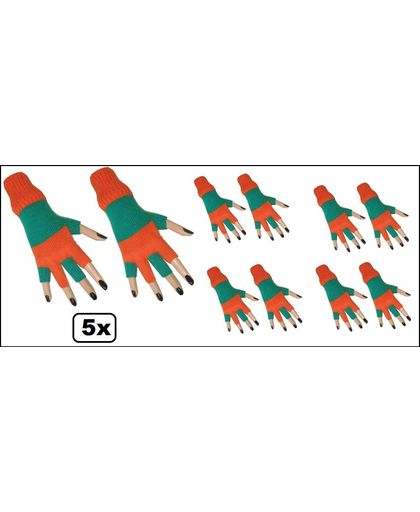 5x Paar vingerloze handschoen oranje/groen