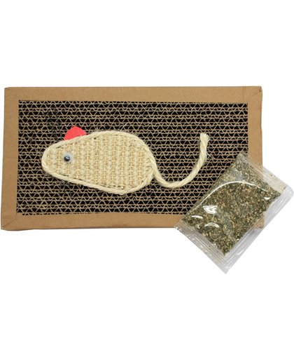Krabplank / krabmat voor katten - karton 22x12 cm - inclusief kattenkruid en muis