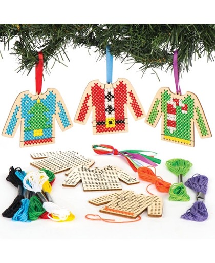 Houten kruissteek decoratiesets 'kersttrui'. Leuke knutsel- en decoratiesets voor kerst voor jongens en meisjes (5 stuks per verpakking)