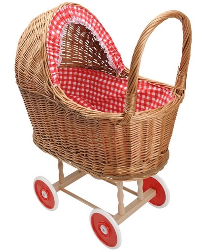 Playwood - Rieten poppenwagen rode ruitjes rieten kap - Plastic wielen